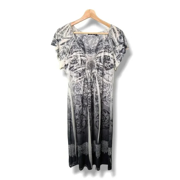 NWT Apt 9 Womens Geometric Dress Scoop Neck Gray White Shark Bite Stretch Knit L - Picture 1 of 14